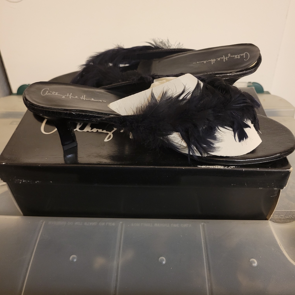 Anthony Mark Hankins Black Feather Kitten Heel Slide Sandals Size 11